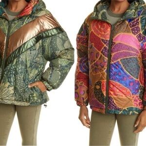Farm Rio Jacket Green Cool Leopard Reversible Puffer Jacket
